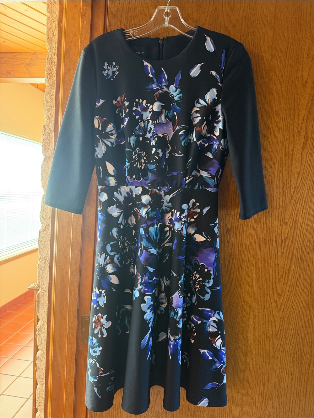 Donna Morgan Floral Fit & Flare Dress - Black with Blue Floral Print